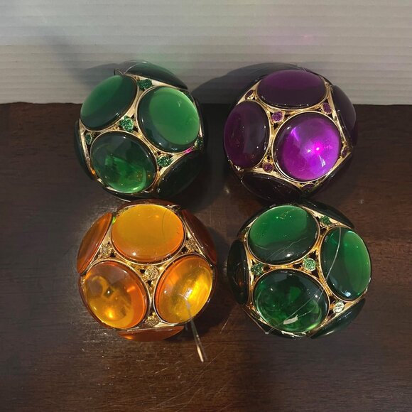 Set Of 4 Vintage Jeweled Glass Christmas Ornaments With Gold-Tone Accents - Gree - Picture 3 of 8